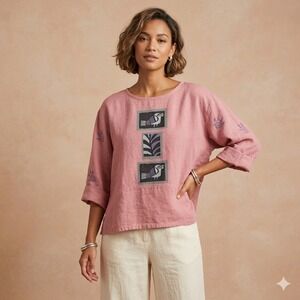 Ad Lib Womens Pink Linen Boxy Art to Wear Bird Graphic Top One Size OSFA
